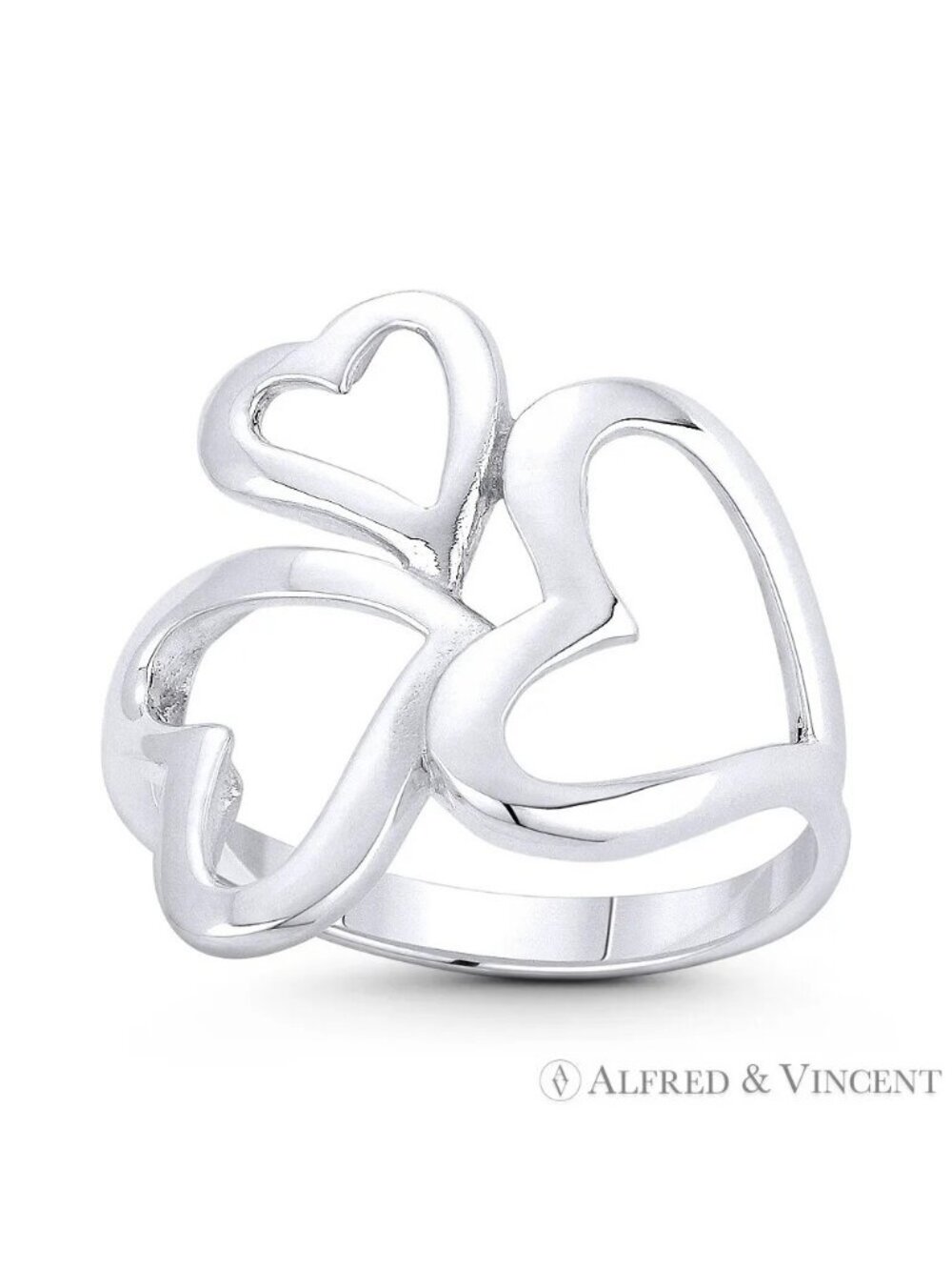 Triple Heart Love Charm Right-Hand Promise Ring in .925 Sterling Silver Size 6